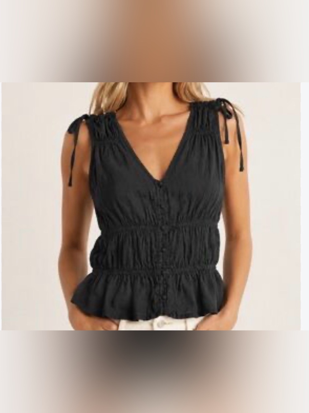 Cynthia Rowley 100% Linen Black Smocked V-Neck Tie-Shoulder Button  Up Top Sz:L